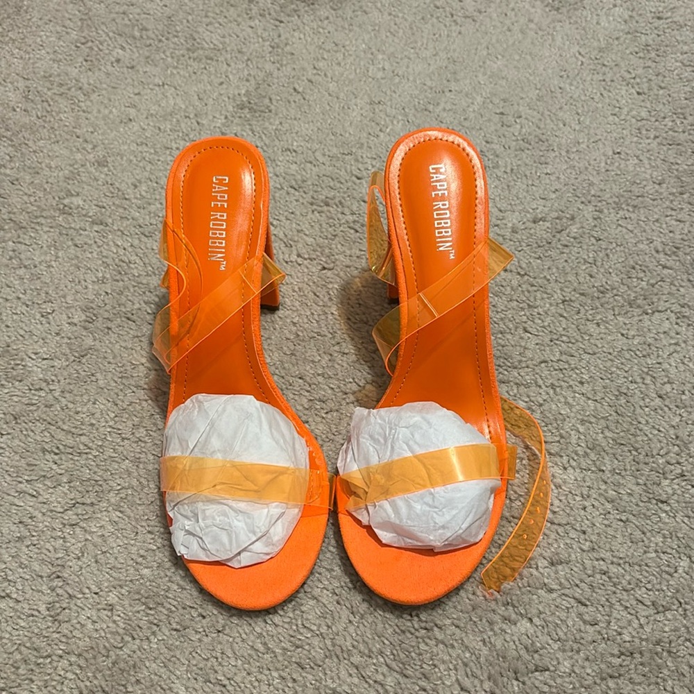 Brand new orange clear strap heels